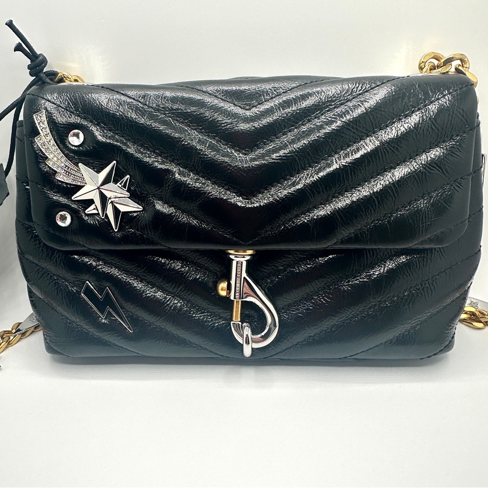 New Rebecca Minkoff Edie Leather Crossbody Bag Black Celestial Charm Quilted - Picture 2 of 14